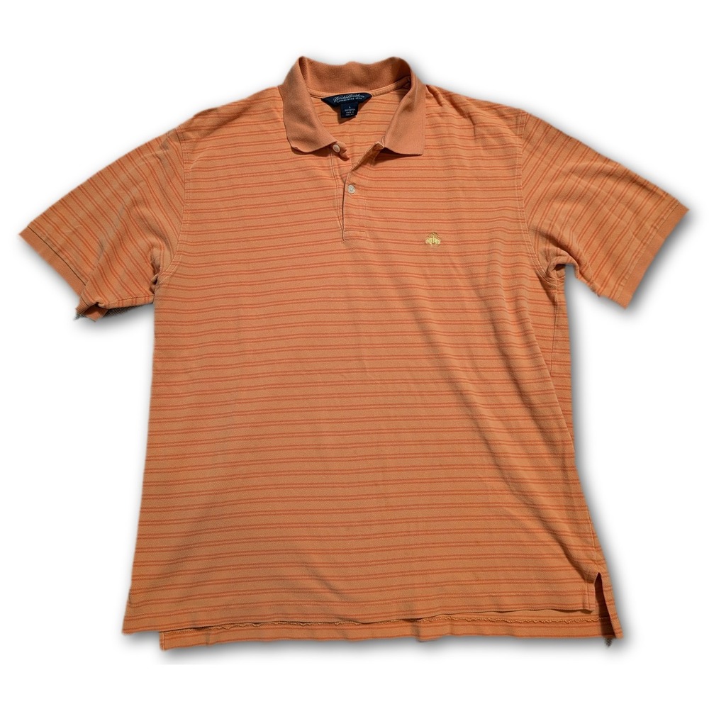 Brooks Brothers Mens L Polo Orange Cotton Pique Striped Breathable Side Slit